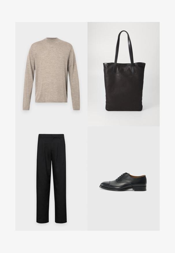 Light beige long-sleeve sweater with a round neckline, made from soft fabric, featuring a relaxed fit and subtle texture. No patterns or accents.; White long-sleeve button-up shirt made of smooth fabric, featuring a standard collar and a row of pearl-like buttons along the front.; Black trousers made of smooth fabric, featuring a straight-leg design, two front pleats, and standard waistband with belt loops.; Black leather dress shoe with a smooth finish, rounded toe, five eyelets for laces, and low block heel. Minimalist design with subtle stitching.; Black canvas tote bag with black leather handles. Simple design, spacious body, and a smooth texture. No visible logos or patterns.