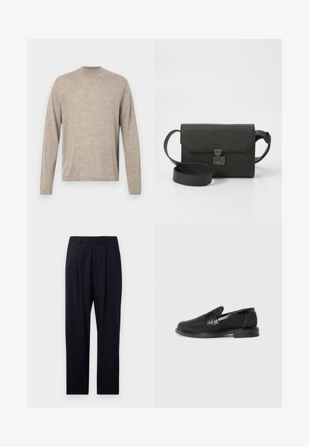 Šviesiai smėlio spalvos ilgomis rankovėmis megztinis su apvaliu kaklu, pagamintas iš minkštos medžiagos, turintis laisvą siluetą ir subtilią tekstūrą. Be raštų ar akcentų.; Tamsiai mėlynos tiesaus kirpimo kelnės, pagamintos iš tekstūruotos medžiagos, su dviem priekinėmis raukšlėmis, diržo kilpomis ir užtrauktuku.; Juodas pintas slip-on tipo batelis su lygiu odiniu akcentu viršuje, apvalios nosies dizainas ir žemas guminis padas.; Juodas odinis kryžminis krepšys su tekstūruotu paviršiumi, užsegimas ant atverčiamos dangtelio, metalinėmis detalėmis ir priderintu reguliuojamu dirželiu.
