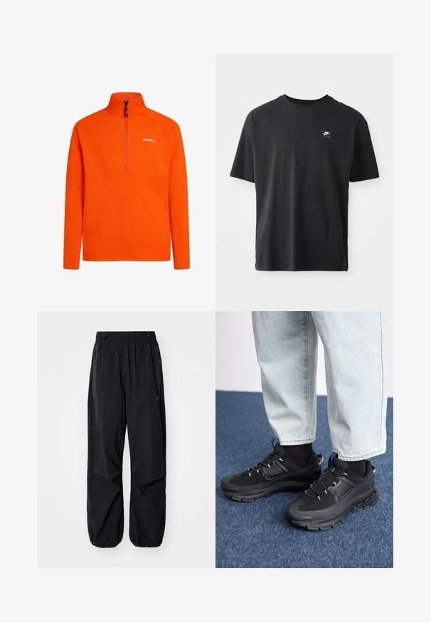 Oranje fleece pullover met een hoge kraag en een ontwerp met een halve rits. Bevat raglanmouwen en een klein wit logo op de borst.; Zwarte katoenen T-shirt met korte mouwen, ronde hals, met een klein rechthoekig logo met "NIKE AIR" in het wit op de linkerborst.; Zwarte lichtgewicht cargobroek met een elastische tailleband, zijritsen en ruime zakken. Heeft een losse pasvorm en taps toelopende boorden.; Zwarte sportschoenen met gestructureerde stof en rubberen zolen, met elastische veters en een blauwe accent op de hiel. Draag samen met lichte spijkerbroeken.