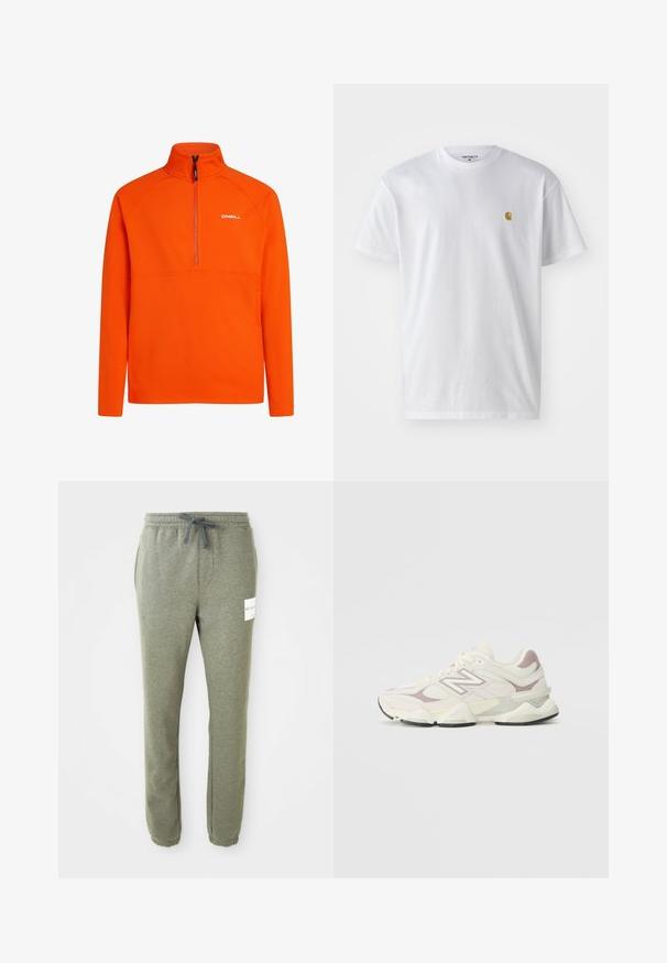 Oranžinė polarinio tipo megztinis su aukšta apykakle ir pusiau užtraukiamu užtrauktuku. Yra raglan tipo rankovės ir mažas baltas logotipas ant krūtinės.; Balta medvilnės marškinėliai su trumpomis rankovėmis, apvalia iškirpte, kuriuose kairėje krūtinės pusėje yra mažas auksinis logotipas. Minkšta tekstūra ir reguliari forma.; Šviesiai pilkos, siaurinančios sportinės kelnės su elastingu juosmeniu, raišteliu, šoninėmis kišenėmis, kulkšnies raišteliais ir maža balta prekės ženklo etikete dešinėje šlaunyje.; Balti ir šviesiai pilki sportiniai sneakeriai, turintys tinklinį ir sintetinį viršų, paminkštintą apykaklę, tekstūruotus akcentus ir storą gumos pado sluoksnį.