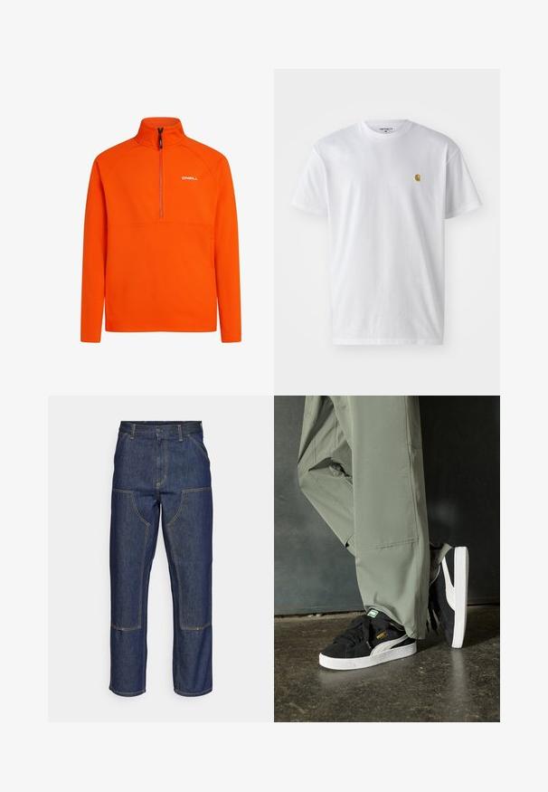 Oranž fliispullover kõrge kaelusega ja pooltõmblukuga. Omab raglan-särgi varrukaid ja väikest valget logo rinnal.; Valge puuvillane t-särk lühikeste varrukatega, ümmargune kaelus, millel on väike kuldne logo vasakul rinnal. Pehme tekstuur ja regulaarne lõike.; Tumedast sinisest denimmaterjalist teksad kõrge talje, sirge sääre disainiga, kontrastsete õmblustega ning ees taskud plaastritega.; Mustad nubukist spordijalatsid valgete kummist tallade ja külgriidega, koos heleda rohelise cargo-pükstega, seistes tekstureeritud tumedal pinnasel.