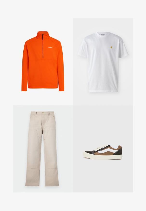 Orange fleece pullover with a high collar and half-zip design. Features raglan sleeves and a small white logo on the chest.; White cotton t-shirt with short sleeves, crew neck, featuring a small gold logo on the left chest area. Soft texture and regular fit.; Beige cotton pants with a straight-leg design, featuring two front pockets and two zippered accents. Gold-tone hardware highlights.; Black and brown sneakers with white accents, canvas material, low-top design, round toe, and beige rubber sole. Features contrasting stitching.