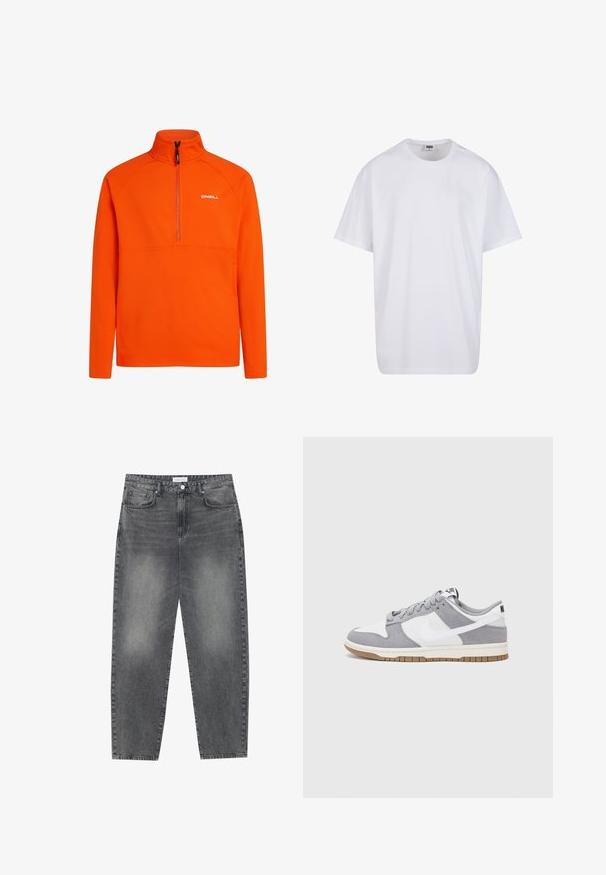 Oranžový fleecový pulovr s vysokým límcem a designem na půl zip. Má raglánové rukávy a malé bílé logo na hrudi.; Bílé triko z bavlny s krátkým rukávem, kulatým výstřihem, volným střihem a bez viditelných log či vzorů. Hladká textura a minimalistický design.; Kalhoty s vysokým pasem, volného střihu, vyrobené z vybledlého černého denimu. Mají pět kapes, poutka na opasek a čistý, rovný střih nohavic.; Šedé a bílé tenisky s svrškem z jemné kůže a kůže, kulatou špičkou, plochými tkaničkami a gumovou podrážkou s akcentem v barvě gumy.