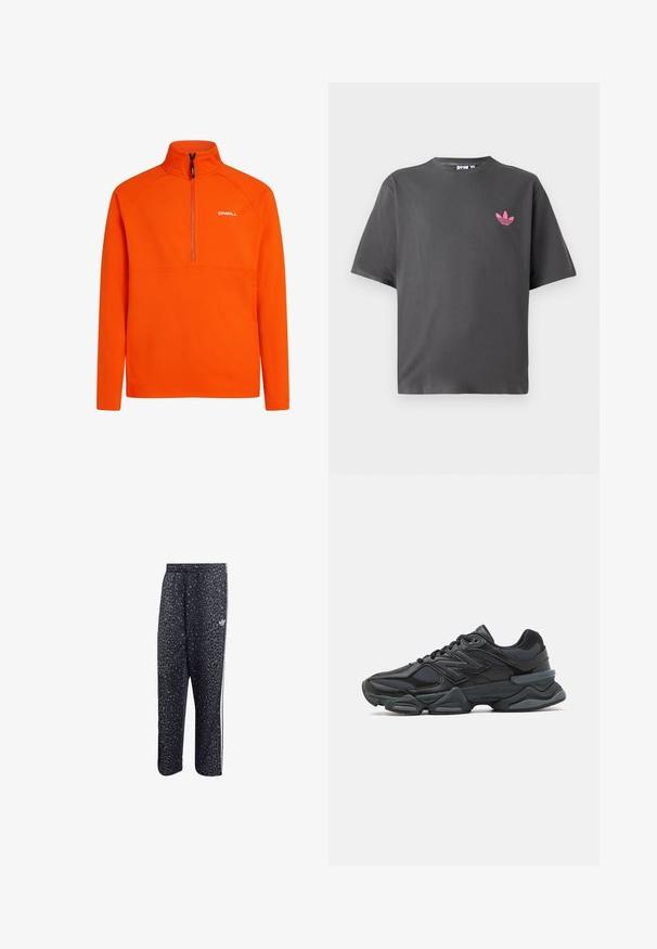 Orange fleece pullover med højt krave og halv-zip design. Har raglanærmer og et lille hvidt logo på brystet.; Mørk grå kortærmet T-shirt med et lille lyserødt Adidas trefoil-logo på venstre bryst, præsenteret mod en hvid baggrund.; Sorte træningsbukser med leopardmønster, der har et hvidt tre-stribet design og et atletisk mærkes logo på siden.; Sorte løbesko med en blanding af mesh og syntetiske materialer, kraftig sål, buet design og fremtrædende branding på siden.