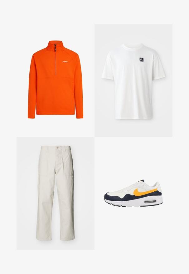 Oranje fleece pullover met een hoge kraag en een ontwerp met een halve rits. Bevat raglanmouwen en een klein wit logo op de borst.; Witte katoenen t-shirt met korte mouwen en een ronde hals; heeft een klein zwart rechthoekig Nike Air logo op de linkerkant van de borst.; Lichtbeige wijde broek van katoen. Voorzien van steekzakken en een knoopsluiting. Glad textuur met subtiele verticale lijnen.; Nike Sportswear AIR MAX SNEAKER - Sneakers laag - white thunder blue racer pink laser orange hf