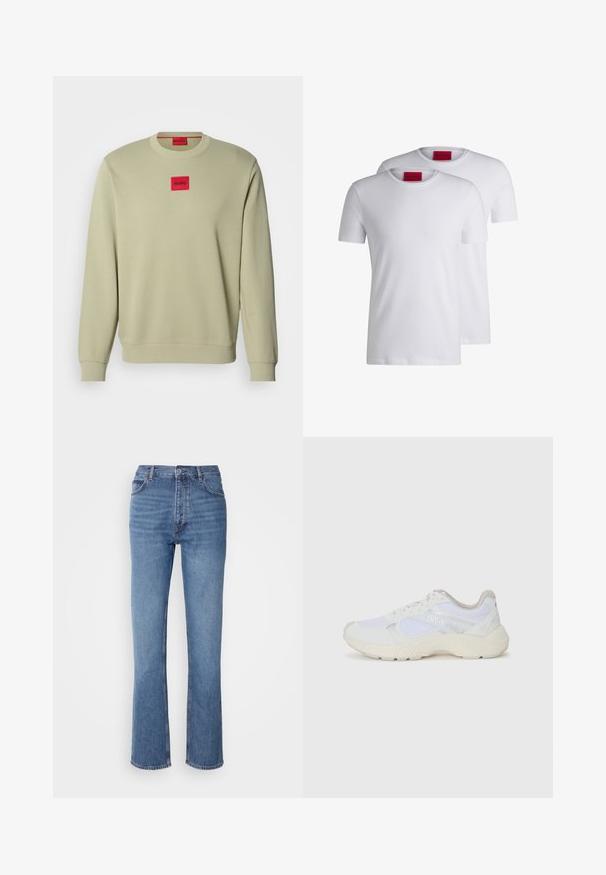 Light green sweatshirt featuring a crew neck, ribbed cuffs, and a small red rectangular embroidered logo on the chest. Soft fabric texture.; Two plain white crew neck t-shirts, short sleeve, made of cotton, featuring a red HUGO tag at the neckline. No patterns or graphics.; Blue denim jeans with a high waist, straight-leg design, and subtle fading. Features classic five-pocket styling and a zip fly closure.; White athletic shoes made of mesh and suede, featuring a textured midsole, textured accents, and "HUGO" logo on the side.