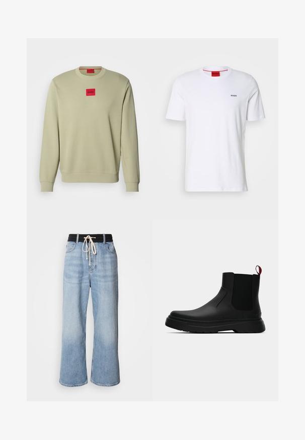 Hellgrüner Pullover mit Rundhalsausschnitt, gerippten Bündchen und einem kleinen roten rechteckigen gestickten Logo auf der Brust. Weicher Stoff.; Weißes Baumwoll-T-Shirt mit kurzen Ärmeln, Rundhalsausschnitt und kleinem schwarzen "HUGO"-Logo auf der linken Brust. Verfügt über ein rotes Etikett im Nacken.; Hellblaue weite Jeans mit einem schwarzen elastischen Bund, ausgestattet mit einem Kordelzugverschluss und klassischem Fünf-Taschen-Design.; Schwarze Knöchelstiefel mit glatter Oberfläche, elastischen Seitenpaneelen und einem kontrastierenden roten Zuglasche, ausgestattet mit einer dicken Gummisohle und einer runden Zehenpartie.