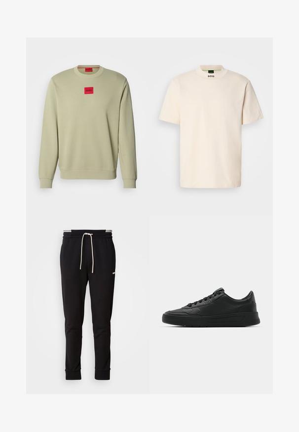 Světle zelená mikina s kulatým výstřihem, žebrovanými manžetami a malým červeným vyšitým logem v obdélníkovém tvaru na prsou. Měkká textilie.; Krémové tričko s krátkým rukávem a vysokým límcem, na přední části krku a vnitřní štítku s potiskem "BOSS" v černé barvě.; Černé slim-fit joggingové kalhoty s bílou stahovací šňůrkou, žebrovanými manžetami a jemným logem na horní části stehna na jednoduchém pozadí.; Černé tenisky s hladkým koženým svrškem, kulatou špičkou, plochými tkaničkami, polstrovaným límcem a minimalistickým designem. Gumová podrážka s jemným vzorkem.