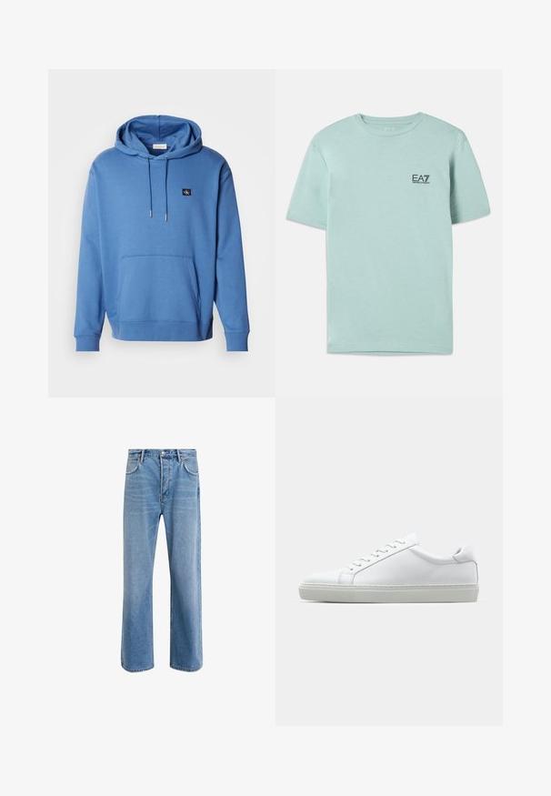 Hanorac albastru din bumbac, cu un buzunar frontal și glugă cu șnur. Prezintă un mic logo brodat pe piept și mânici dublate. Textură moale.; Tricou verde mentă deschis, din bumbac, cu mâneci scurte și gât rotund, având un mic logo EA7 negru pe piept.; Jeans din denim bleu deschis cu un design drept, cinci buzunare, închidere cu buton, decolorare minimă și detalii de cusătură în contrast.; Adidași albi cu o suprafață din piele netedă și un profil jos. Au un vârf rotunjit, șase orificii pentru șireturi și o talpă din cauciuc texturată.