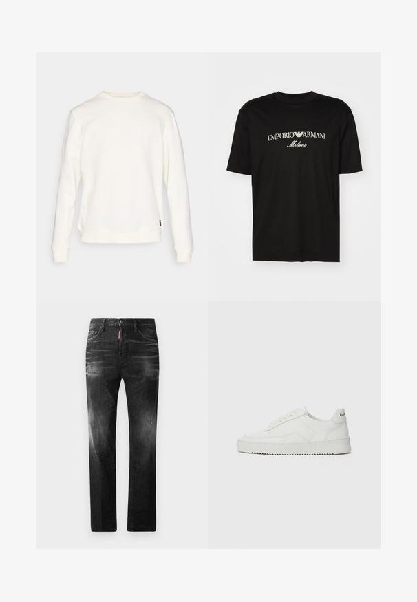 Bílá mikina vyrobená z měkké tkaniny, s dlouhými rukávy, kulatým výstřihem a rovnými lemy, na boku s malou značkovou štítkem.; Černé bavlněné tričko s kulatým výstřihem, krátkými rukávy a logem "EMPORIO ARMANI" v bílém nad nápisem "Milano" v zakřiveném provedení.; Černé džíny z denimu se rovnými nohavicemi. Obsahují vybledlé oblasti, drobné poškození, klasický pětikapsový design a zapínání na knoflík.; Bílé kožené tenisky s hladkým povrchem, kulatou špičkou, plochými tkaničkami a texturovanou podrážkou. Na patě se nachází nenápadné logo.