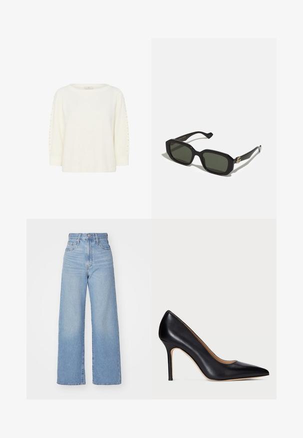 Kaffe BETTY - Pulover - chalk cc; Top alb cu o singură umă, dintr-un material ușor, cu o fâșie drapată. Prezintă o textură plisată pe lateral și un design neted, fluid.; Jeans cu talie înaltă, de culoare albastru deschis, cu croială largă, dotate cu nasture și fermoar la față, buzunare în față și spate, pe un fundal alb.; Pantofi cu toc înalt, din piele neagră, cu vârful ascuțit și toc subțire de tip stiletto. Textura netedă și detaliile minime creează un design clasic.; Ochelari de soare rectangulari negri cu lentile verzi solide, având un finisaj lucios și un accent auriu cu logo pe lateral.