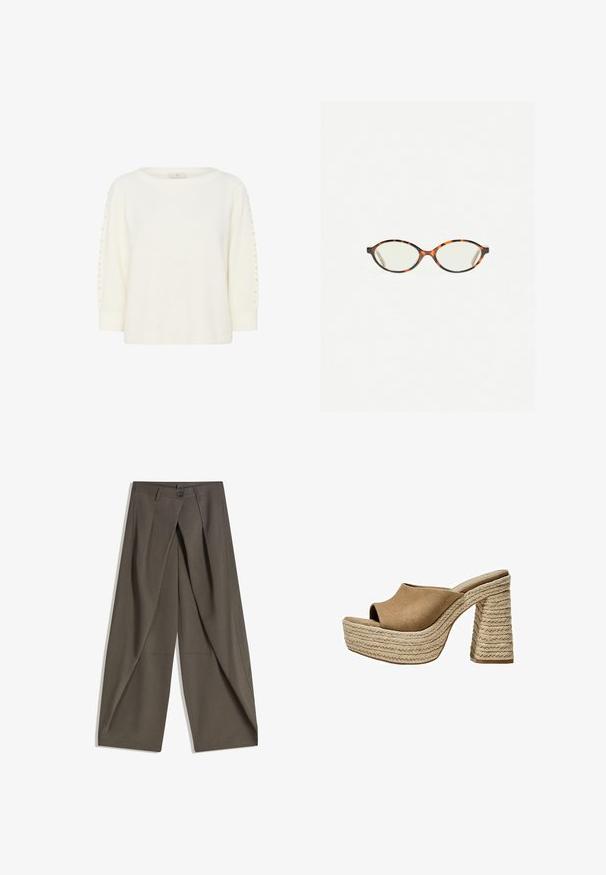 Kaffe BETTY - Jumper - chalk cc; Wide-leg trousers made of a textured, dark gray fabric. Features a front pleat, button closure, and side pockets for practicality.; Brown suede platform mules with an open toe, featuring a chunky braided jute heel and a smooth, rounded upper design.; Tortoiseshell eyeglasses with oval lenses and a sleek, smooth finish. Features thin sides with a subtle curve at the temples. Clear lenses.