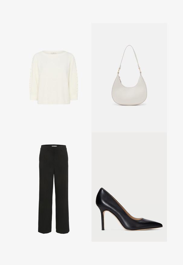 Kaffe BETTY - Maglione - chalk cc; Pantaloni larghi a righe nere con vita piatta e passanti per la cintura, realizzati in tessuto intrecciato, con righe verticali di un colore contrastante.; Décolleté neri in pelle con punta affusolata e sottile tacco a stiletto. La texture liscia e i dettagli minimi creano un design classico.; Borsa a spalla in pelle crema con forma a mezzaluna, strap sottile e dettagli di cucitura delicati. Design minimalista con accenti in metallo dorato.