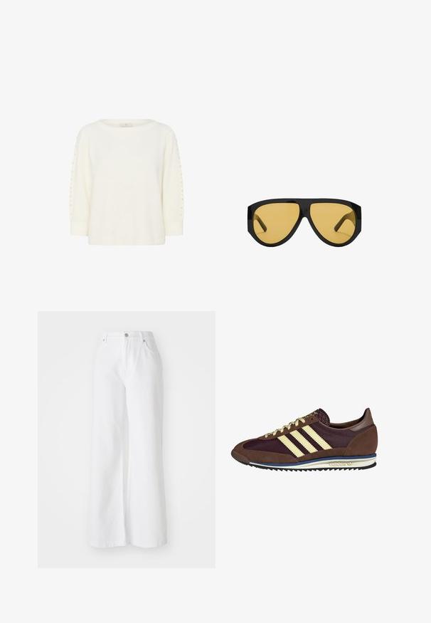 Kaffe BETTY biały; Białe dżinsowe spodnie w szerokim kroju z wysokim stanem, z przednimi kieszeniami i srebrnym zapięciem na guzik. Tekstura jest gładka, w jednolitym kolorze.; Brązowe i burgundowe sneakersy wykonane z zamszu i siateczkowych materiałów, z trzema kremowymi paskami, teksturowanym materiałem na języku i gumową podeszwą.; Okulary przeciwsłoneczne z elegancką, czarną plastikową oprawką i żółtymi soczewkami, o wyraźnym kanciastym kształcie i szerokich zausznikach dla dodatkowej ochrony.; Spleciona torebka w odcieniu brązowym z zaokrąglonym uchwytem, wykonana z miękkiej skóry. Posiada zamek błyskawiczny oraz misterny wzór plecionki.