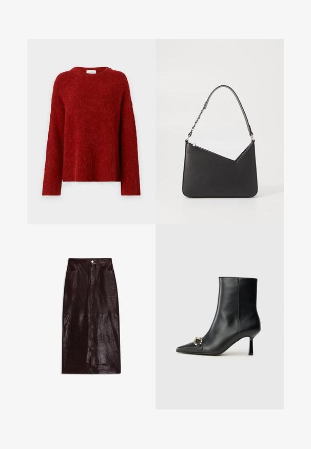 Maglione rosso peloso con collo a giro, maniche lunghe e vestibilità comoda. Realizzato in materiale morbido e texturizzato. L'etichetta riporta "MALINA."; Gonna di pelle marrone, lunghezza al ginocchio, con una superficie liscia, tasche anteriori e una chiusura con un solo bottone in vita.; Stivale alla caviglia in pelle nera con punta affusolata, tacco sottile di media altezza e dettaglio in fibbia argentata sul lato, su sfondo semplice.; Borsa a mano in pelle nera con forma triangolare, una tracolla sottile e accessori in argento. Presenta una chiusura con zip e un logo impresso sul davanti.