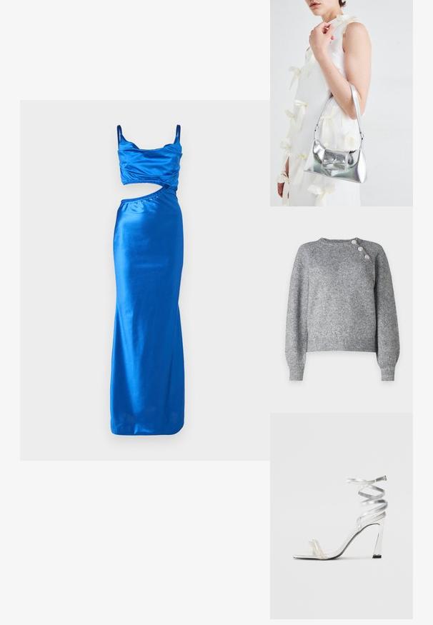 Pilkas megztinis su ilgomis rankovėmis, banguota apdaila ir trimis dekoratyviniais mygtukais kairėje petyje, pasižymintis švelnia tekstūra.; Mėlyna satino vakarinė suknelė su prigludusia siluetu, turinti trumpą viršų ir šoninį išpjovimą. Smulkios petnešėlės, glotni tekstūra.; Sidabrinė aukšto kulno sandalai su blizgiu diržo dizainu, featuring perlo panašus akcentas ir spiralinė kulkšnies dirželis saugiam prisitaikymui.; Sidabrinė metalinė rankinė su struktūrizuota forma, turinti viršutinę rankeną ir kaspiną priekyje. Lygi tekstūra, atspindinti apdaila.