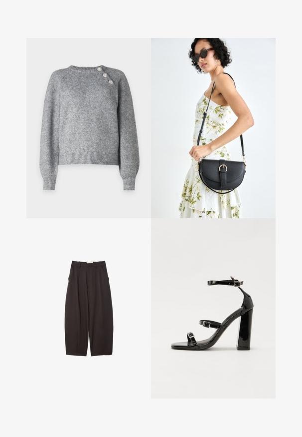 Pull en tricot gris à manches longues, avec un ourlet côtelé et trois boutons décoratifs sur l'épaule gauche, présentant une texture douce.; Pantalons larges noirs en tissu lisse, avec une taille haute, des plis avant et des poches latérales. Design simple sans embellissements.; Sandales à talons vernies noires avec un bout carré, des sangles autour de la cheville et des boucles en argent. Dotées d'un talon bloc épais pour plus de stabilité.; Sac à main en cuir noir avec une forme courbée, bandoulière amovible et des accessoires en or. Le sac est doté d'un rabat avec un détail de boucle.