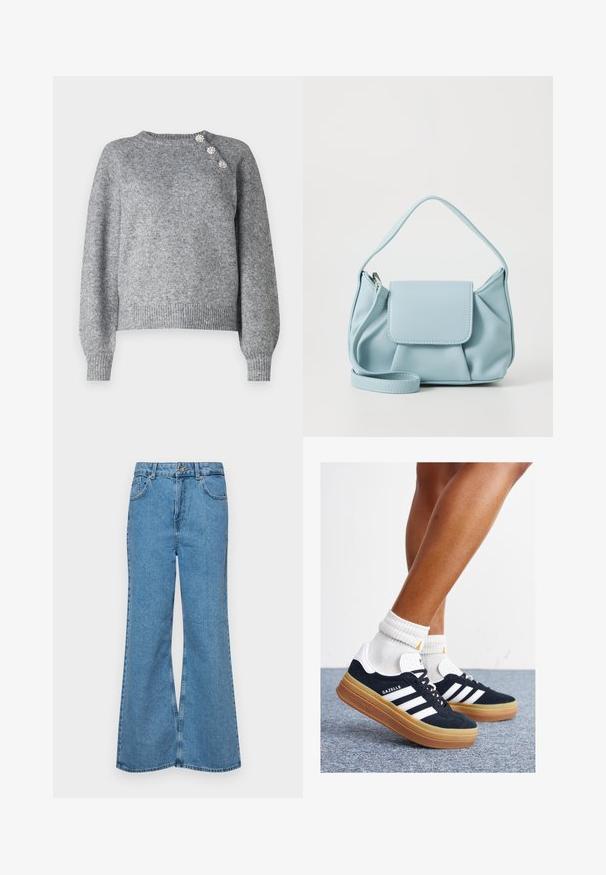 Gråstrikket genser med lange ermer, ribbestrikket kant og tre dekorative knapper på venstre skulder, med en myk tekstur.; Lyseblå vide jeans laget av denim, med høyt liv, fem lommer og en enkelt knappelukking. Myk tekstur med falmet finish.; Svarte sneakers i semsket skinn med hvite striper og detaljer, rund tå, yttersåle i gummigummi, kombinert med hvite ribbestrikkede crew-sokker.; Lys blå lærveske med topphåndtak, frontlomme med klaff og avtagbar håndleddsstropp på hvit bakgrunn.