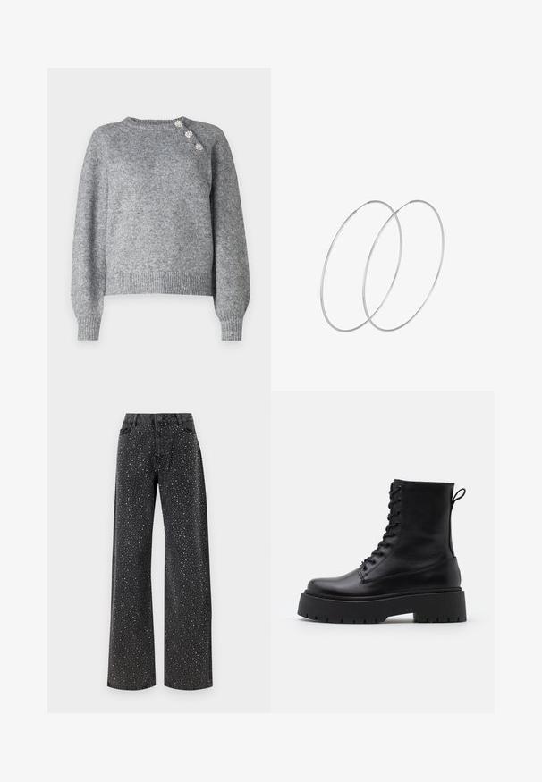 Szary sweter z dzianiny z długim rękawem, prążkowanym dołem i trzema dekoracyjnymi guzikami na lewym ramieniu, o miękkiej fakturze.; Noisy May NMJANNEL czarny denim; Czarne skórzane botki za kostkę z okrągłym noskiem, sznurówką z przodu i grubą gumową podeszwą z teksturowanym bieżnikiem. Pętelka do zakładania z tyłu.; Srebrne kolczyki w formie obręczy o minimalistycznym designie. Okrągły kształt, gładka faktura i cienki profil. Lekkie, z polerowanym wykończeniem.