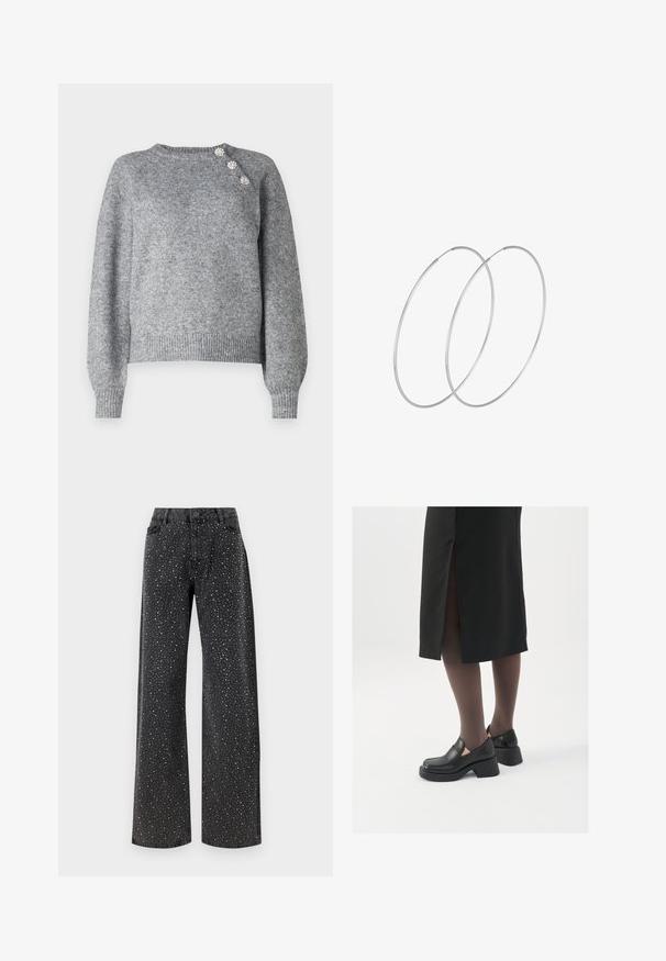 Szary sweter z dzianiny z długim rękawem, prążkowanym dołem i trzema dekoracyjnymi guzikami na lewym ramieniu, o miękkiej fakturze.; Noisy May NMJANNEL czarny denim; Czarne skórzane buty z okrągłym noskiem, grubym blokowym obcasem i elastycznymi akcentami po bokach, zestawione z ciemnymi rajstopami i czarną spódnicą z rozcięciem.; Srebrne kolczyki w formie obręczy o minimalistycznym designie. Okrągły kształt, gładka faktura i cienki profil. Lekkie, z polerowanym wykończeniem.