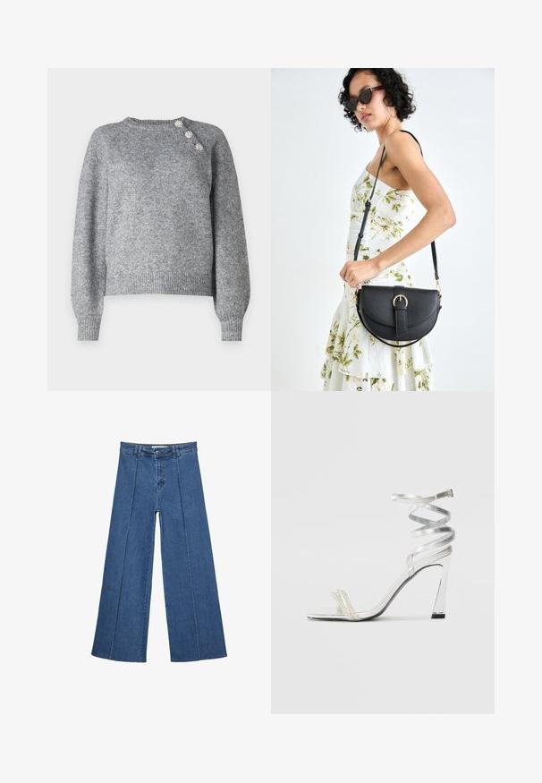 Pull en tricot gris à manches longues, avec un ourlet côtelé et trois boutons décoratifs sur l'épaule gauche, présentant une texture douce.; Jeans en denim à jambes larges de couleur bleu moyen, présentant une taille haute, une fermeture à bouton et des détails de couture verticaux contrastants à l'avant.; Sandale à talons hauts argentée avec un design de lanière brillante, mettant en avant un accent semblable à une perle et une lanière de cheville en spirale pour un maintien sécurisé.; Sac à main en cuir noir avec une forme courbée, bandoulière amovible et des accessoires en or. Le sac est doté d'un rabat avec un détail de boucle.