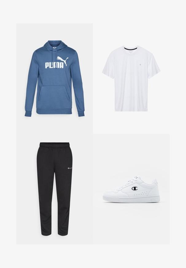 Felpa blu in cotone con tasca a marsupio frontale, polsini a coste e un grande logo bianco "PUMA" con silhouette di un puma.; T-shirt bianca a girocollo realizzata in cotone, con maniche corte e un piccolo logo ricamato sulla parte sinistra del petto. Texture morbida.; Pantaloni della tuta neri in misto cotone, con vita elastica e un piccolo logo bianco sul lato sinistro. Design con gamba affusolata.; Sneakers atletici bianchi con pelle sintetica liscia, accento del logo nero e dettagli perforati sul lato. Suola in gomma.