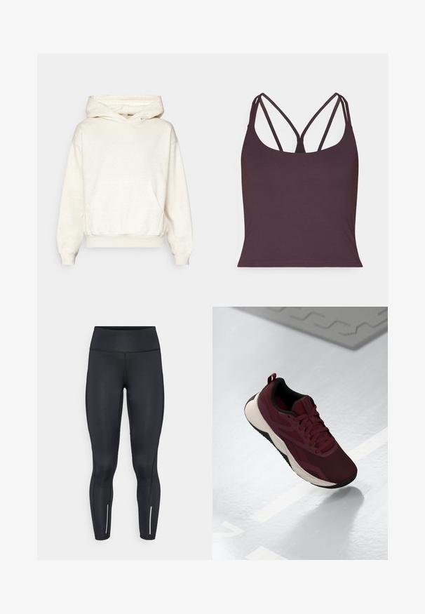 Kremena kapuljača u mekanoj, teksturiranoj tkanini. Ima kenguruvu džep, rebraste manžete i donji rub. Opušteni kroj s oversized siluetom.; Tamno ljubičasti top bez rukava napravljen od glatke tkanine, sa tankim dvostrukim trakama i zaobljenim izrezom. Bezšavna donja ivica.; Crne tajice od rastezljivog materijala s visokim pojasom, s reflektirajućim detaljima kod gležnjeva i glatkom teksturom.; Bordo atletska cipela s mrežastim gornjim dijelom, crnim akcentima i podloženim bijelim potplatom. Ima sustav vezanja i pomoćnu petlju na peti.