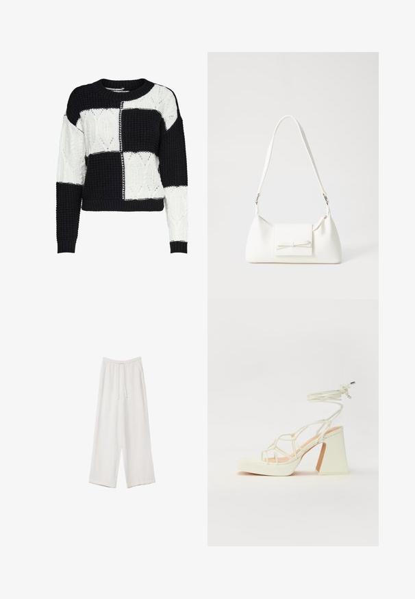 Gestrickter Pullover mit einem Schwarz-Weiß-Patchworkdesign, das strukturierte Muster zeigt und einen Rundhalsausschnitt hat, sowie gerippte Bündchen und Saum.; Weiße weit geschnittene Hose aus leichtem Stoff. Mit einem elastischen Bund und Kordelzug sowie Seitentaschen. Glatte Textur.; Weiße High-Heel-Sandale mit einem klobigen Absatz, die über ein Riemchendesign und ein Knöchelband verfügt. Glatte Textur mit einer Plattform vorne für zusätzliche Höhe.; Weiße synthetische Handtasche in dreieckiger Form, flache Vorderklappe und Schleifendetail, verstellbarer Trageriemen, glatte Textur und minimalistisches Design.