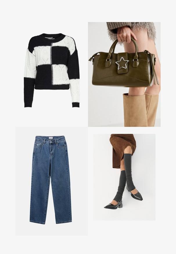 Sweter robiony na drutach w czarno-białym wzorze patchworkowym, z teksturowanymi wzorami i okrągłym dekoltem, z prążkowanymi ściągaczami przy mankietach i u dołu.; Klasyczne niebieskie dżinsy o prostym kroju, pięć kieszeni i zapięcie na guzik. Charakteryzują się średnim odcieniem i solidną teksturą.; Czarne lakierowane buty na szpilce z prostokątnym obcasem i paskiem na kostce, zestawione z szarymi prążkowanymi ocieplaczami na nogi oraz brązową zamszową spódnicą.; Oliwkowa torebka z ekoskóry z srebrnym akcentem w kształcie gwiazdy, podwójnymi uchwytami i zapięciem na zamek. Teksturowana powierzchnia i wyraźnie zarysowany kształt.
