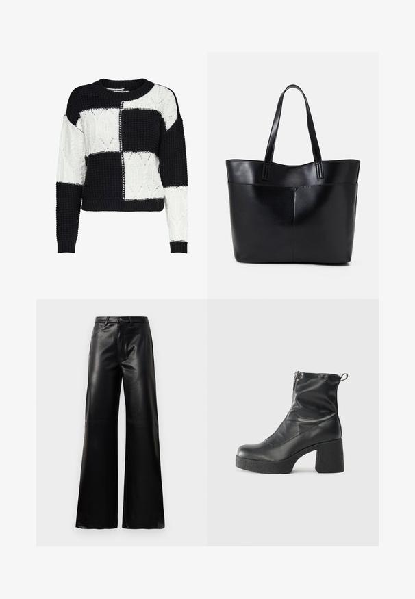 Pullover lavorato a maglia con un design patchwork bianco e nero, caratterizzato da motivi testurizzati e un collo rotondo, con polsini e bordo a coste.; Pantaloni ampi a vita alta in ecopelle neri con bottone frontale, chiusura con zip, passanti per cintura e tasche laterali su sfondo bianco.; Stivali neri alla caviglia in pelle liscia, con zip laterale, tacco spesso e texture, e punta arrotondata.; Borsa a tracolla in pelle nera con due manici lunghi, una texture liscia e una forma strutturata. Presenta una tasca frontale per ulteriore spazio di archiviazione.