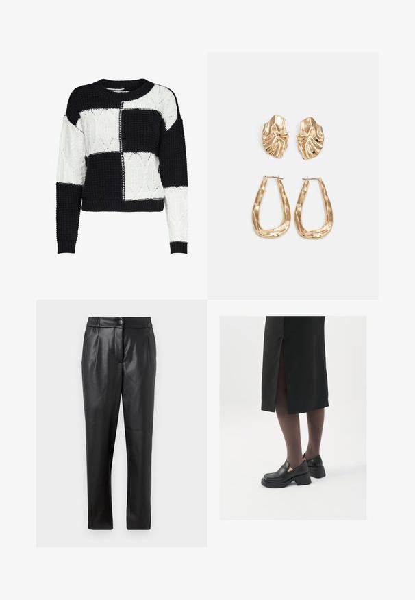 Pletena jopica z črno-belo patchwork zasnovo, ki vključuje teksturirane vzorce in okroglo izrezani ovratnik, z rebrastimi manšetami in robom.; Črne usnjene hlače z gladko teksturo, ravnim krojem, elastičnim pasom in sprednjim gumbom; nagubani detajli in zoženi nogi.; Črne usnjene čevlje s zaobljenim prstom, debelim blokastim petama in elastičnimi stranskimi detajli, v kombinaciji s temno nogavicami in črno krilo z razporkom.; Zlato obarvani uhani z teksturiranimi, valovitimi oblikami. Vključujejo skulpturalne sponke za ušesa in odprto obliko obročka s kladivastim finišem.