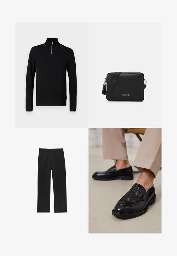 Czarny sweter z długim rękawem, z wysokim kołnierzem i krótkim, srebrnym zamkiem błyskawicznym na środku przodu.; Czarne spodnie o prostym kroju, wykonane z gładkiego materiału. Posiadają zakładki z przodu i pojedyncze zapięcie na guziki w pasie.; Czarne skórzane mokasyny o gładkim wykończeniu, z dekoracyjnym paskiem i kontrastowym szwem, w połączeniu z beżowymi spodniami.; Czarna prostokątna torebka na ramię wykonana z teksturowanego materiału, z metalowym zapięciem w srebrnym kolorze oraz regulowanym paskiem z logo.