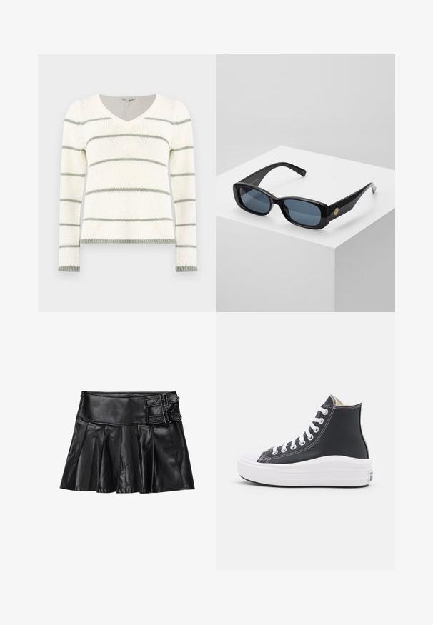 Kötött pulóver V-nyakkal, fehér és világos zöld vízszintes csíkokkal. Hosszú ujjakkal, bordás mandzsettákkal és aljrésszel.; Fekete bőrnadrág redőkkel, széles derékrésszel és két csattal az oldalon. Sima textúra fényes felülettel.; Fekete magas szárú sportcipő fehér fűzővel és gumitalppal. Simás bőrből készült, fehér varrási díszítésekkel.; Fekete, téglalap alakú napszemüveg kék árnyalatú lencsékkel, vastag kerettel és arany kör alakú díszítéssel az oldalon. Simaságot és fényességet sugárzó külső.; Burgundy színű, szintetikus anyagból készült kézitáska, strukturált dizájnnal, levehető pánttal és a fogantyúra kötött virágmintás sállal.