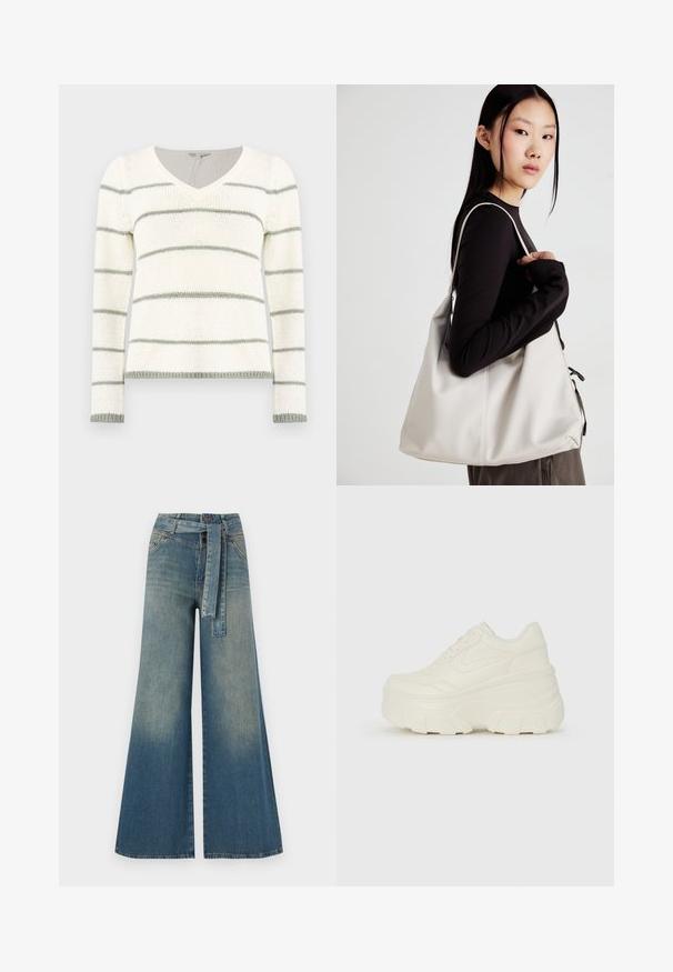 Strikkegenser med V-hals, med hvite og lysegrønne horisontale striper. Lange ermer, ribbestrikkede mansjetter og bunn detaljer.; Bredde ben jeans med en lyseblå til mørkeblå gradient, høyt liv, beltehemper og et matchende belte i samme stoff. Teksturert denimoverflate.; Hvite plattformsnickers med en glatt læraktig overdel, avrundet form, polstret krage og teksturert gummisåle med tydelige dekk.; Beige håndveske laget av mykt materiale, med en slapp design, sydd detaljer og to skulderstropper. Passer for daglig bruk.
