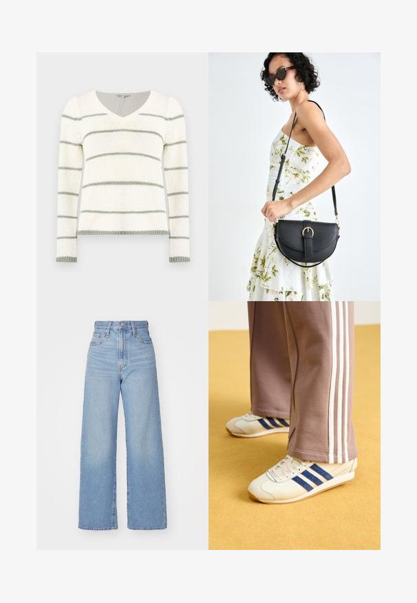 Knitted sweater with a V-neck, featuring white and light green horizontal stripes. Long sleeves, ribbed cuffs, and hem details.; Light blue high-waist wide-leg jeans with front button and zip closure, front and back pockets, on a white background.; Cream sneakers with blue suede stripes, white laces, and a rubber sole. Paired with gray sweatpants featuring white side stripes.; Black leather handbag with a curved shape, detachable strap, and gold hardware. The bag features a flap with a buckle detail.