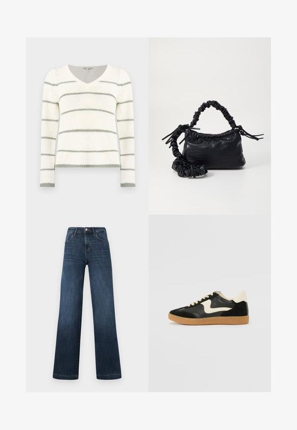 Kootud sviiter V-kaelusega, millel on valged ja helesinised horisontaalsete triipudega. Pikad varrukad, soonikkoes mansetid ja hem detaile.; Tumedat sinised teksad laia jala disainiga, viie tasku ja ees oleva nööbiga sulgemisega. Sile tekstuur ja klassikalised peitevõrngud.; Must musta ja nahast sneakersid, millel on koorevärvi külgsuund ja hele koorik. Omab beeži paelu ja kummi kummist välistalla.; Must must sünteetilisest nahast käekott, millel on krokodillimuster, kokku tõmmatav ülaosa ja kortsus rihm. Tundub pehme ja kompaktne disain.