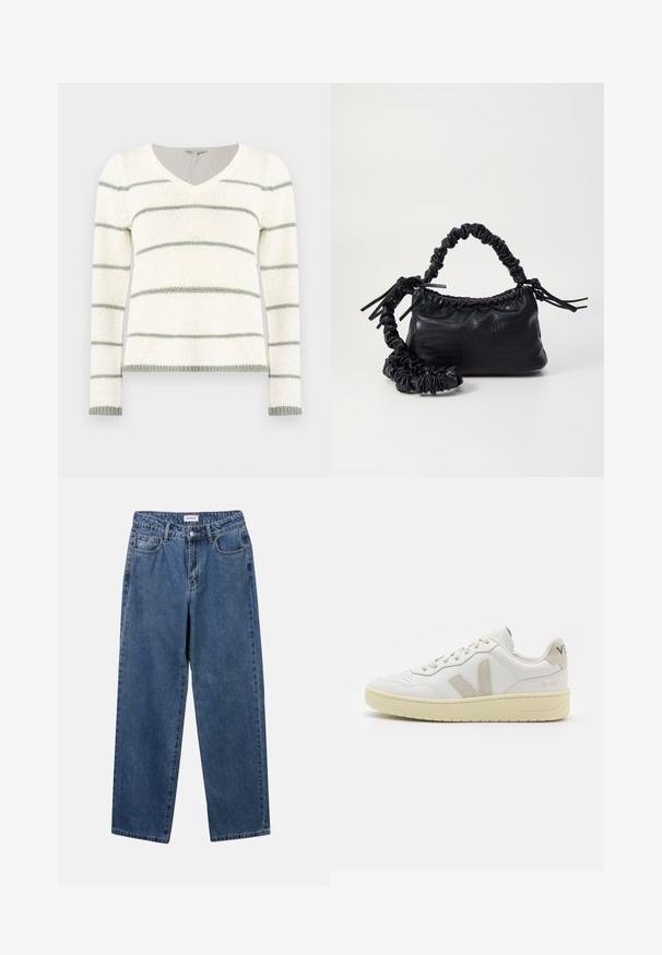 Gebreide trui met een V-hals, voorzien van witte en lichtgroene horizontale strepen. Lange mouwen, ribgebreide manchetten en hemdetails.; Klassieke blauwe denim jeans met een rechte pijp, vijf zakken en een knoopsluiting. Heeft een middelgrote wasbeurt en stevige textuur.; Witte leren sneaker met beige suède accenten, geperforeerde neus, platte veters en een gestructureerde crèmekleurige zool. Heeft subtiele branding op de hak.; Zwarte nepleer handtas met een krokodillenstructuur, opgedroogde bovenkant en een gekreukte hengsel. Het lijkt zacht en compact van ontwerp.