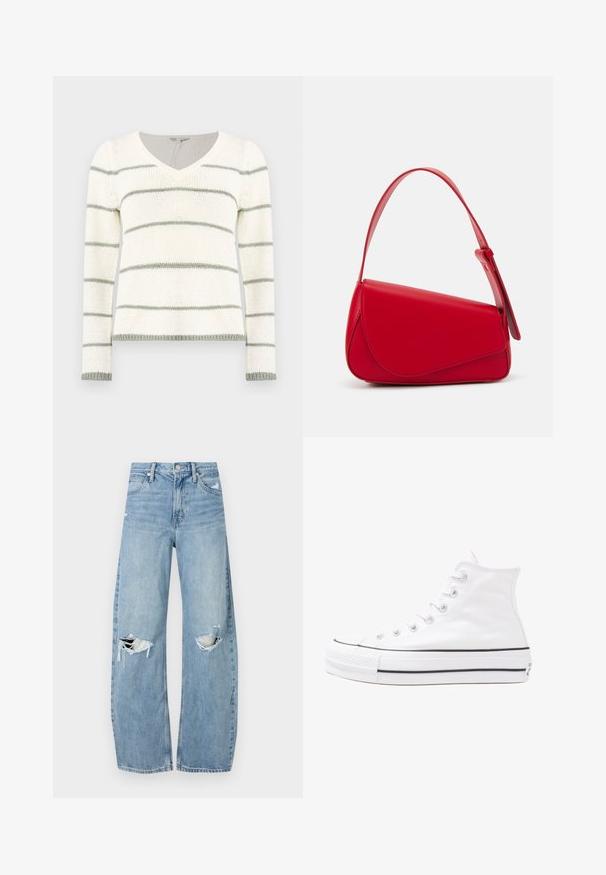 Knitted sweater with a V-neck, featuring white and light green horizontal stripes. Long sleeves, ribbed cuffs, and hem details.; Light blue, high-waisted jeans made of denim. Feature wide legs, two torn knee areas, and classic five-pocket styling.; White high-top canvas sneaker with black rubber sole, front rubber toe cap, and six eyelets for laces, featuring a clean, minimalist design.; Red leather handbag with an angular, geometric design. Features a single adjustable strap and a flap closure with stitched detailing.