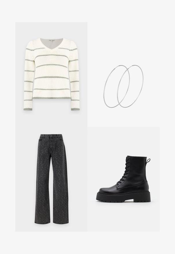 Knitted sweater with a V-neck, featuring white and light green horizontal stripes. Long sleeves, ribbed cuffs, and hem details.; Noisy May NMJANNEL LOOSE - Relaxed fit jeans - black denim; Black leather ankle boots with a round toe, lace-up front, and a thick rubber sole featuring a textured tread. Pull tab at the back.; Silver hoop earrings with a minimalist design. Circular shape, smooth texture, and thin profile. Lightweight with a polished finish.
