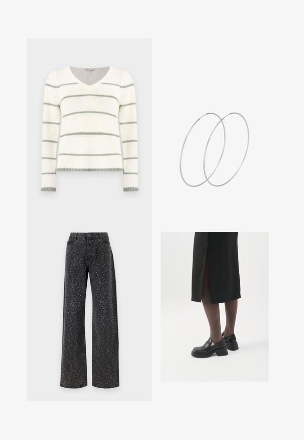 Pleteni pulover s V-izrezom, sa bijelim i svijetlozelenim horizontalnim prugama. Dugi rukavi, rebrasti detalji na manžetama i donjem dijelu.; Noisy May NMJANNEL LOOSE - Traperice opuštenog kroja - black denim; Crne kožne cipele s zaobljenim vrhom, debelim blok petama i elastičnim bočnim detaljima, uparene s tamnim čarapama i crnom suknjom s prorezom.; Srebrne okrugle naušnice s minimalističkim dizajnom. Kružni oblik, glatka tekstura i tanak profil. Lagane s poliranim završetkom.