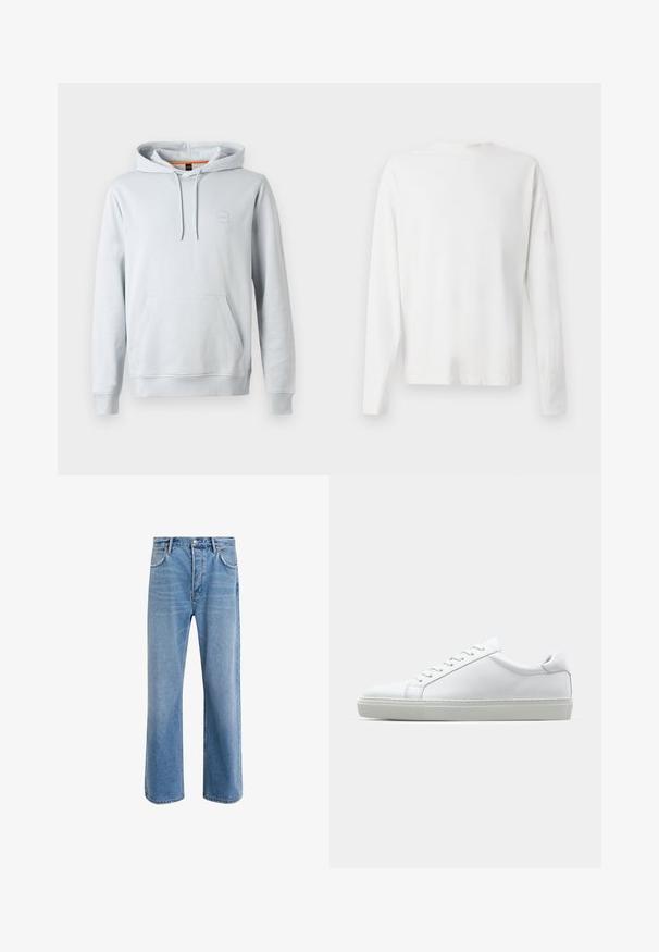 Hoodie cinza claro feito de tecido suave. Apresenta um bolso canguru na frente, capuz com cordão e um pequeno patch de logotipo no peito.; Camisa de algodão branca de mangas longas com decote redondo, fendas laterais na parte inferior e uma textura suave, mostrada de trás.; Calças de ganga azul claro com um design de perna reta, cinco bolsos, fecho de botão, desgaste mínimo e detalhes de costura em contraste.; Sapatilha branca com um cabedal em couro liso e de perfil baixo. Apresenta um bico redondo, seis ilhoses e uma sola de borracha texturizada.