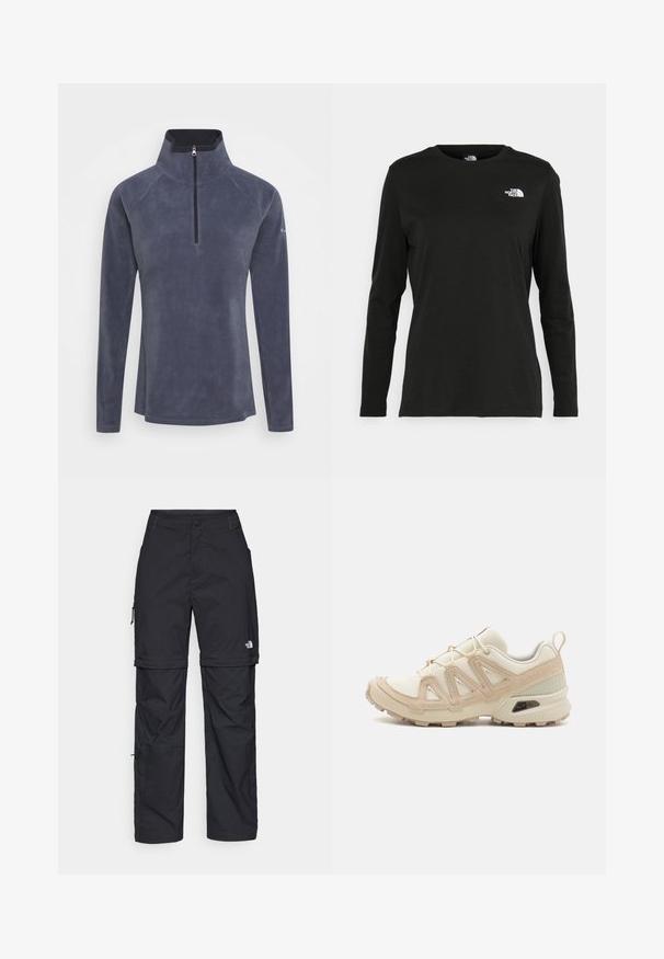 Temno modra flisasta majica s polovičnim zadrgo, raglan rokavi in gladka tekstura. Ima subtilen sijaj in ni vidnih vzorcev.; Črna majica z dolgimi rokavi iz bombaža z okroglo izrezom. Ima majhen bel logotip na levem prsnem delu. Enostaven dizajn in prileganje.; Črne najlon hlače z zipom, ki se lahko odstranijo, s prilagodljivimi manšetami, več žepi in logotipom na desni nogi. Gladka, lahka tekstura.; Bež in krem športni čevlji z teksturiranim mrežastim zgornjim delom, podpornimi prekrivali in gumijastim podplatom z vzorcem za oprijem.
