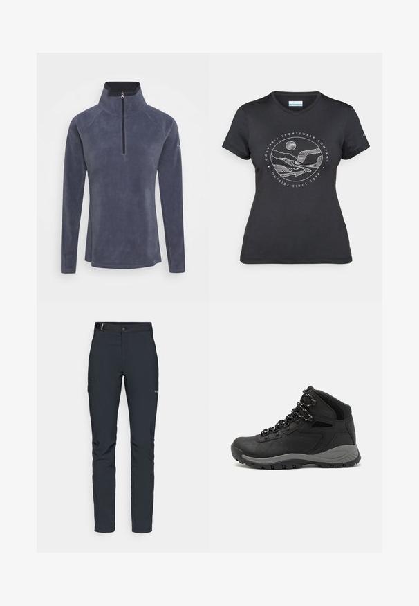 Sötétkék bolyhos pulóver, félig zipzárral, raglán ujjal és sima textúrával. Finom fényes felülettel rendelkezik, és nincs rajta látható minta.; Fekete Columbia póló fehér, kör alakú hegy és folyó vonalrajzzal, valamint a "Columbia Sportswear Company Outside Since 1938" felirattal.; Férfi kültéri nadrág, sötétszürke, rugalmas anyagból készült, övvel, cipzáros zsebekkel és megerősített varratokkal.; Fekete túracipő közepes magasságú kialakítással, texturált felsőrésszel, szürke részletekkel és strapabíró gumitalppal, amelynek tapadós kiemelkedései vannak.