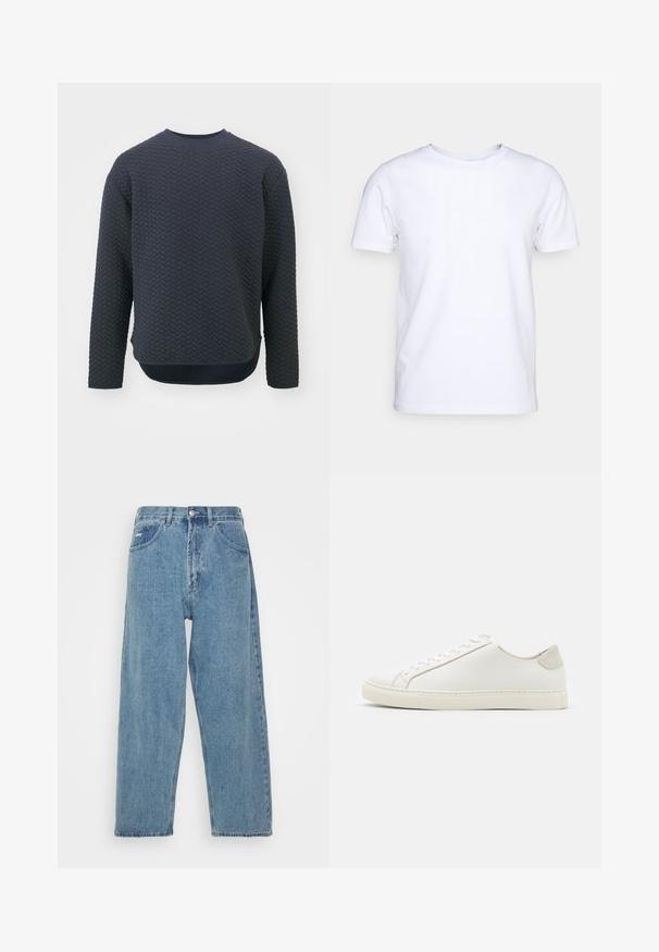 Sweatshirt à col rond bleu marine foncé avec un design tissé texturé, manches longues et ourlet incurvé, doté d'un col et de poignets côtelés contrastés.; T-shirt blanc à manches courtes en tissu de coton avec un col rond. Design simple sans motifs ni accents. Texture lisse.; Jean en denim bleu clair à taille haute, coupe décontractée, avec deux poches avant, une poche arrière plaquée et une fermeture à bouton.; Baskets en cuir blanc avec une surface lisse, bout rond et design minimaliste. Présentent des accents beiges sur le talon et une semelle en caoutchouc.