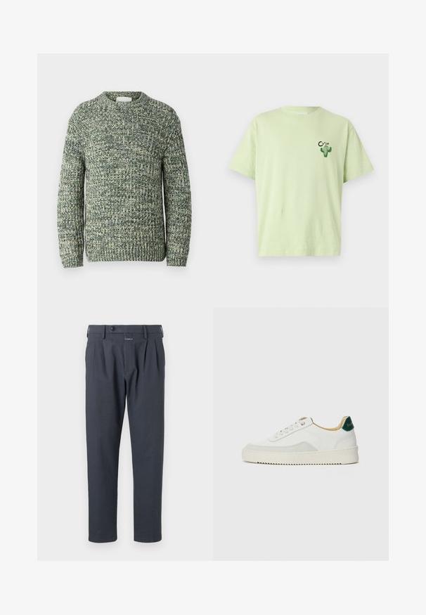 Strickpullover mit strukturiertem Design in dunklem und hellem Grün, mit rundem Hals und langen Ärmeln.; Hellgrünes T-Shirt aus Baumwolle mit kurzen Ärmeln, das ein Kaktus-Motiv mit dem Wort "CLOSED" in Schwarz nahe der linken Brust zeigt.; Dunkelgraue Hose mit geradem Bein, Falten an der Vorderseite und Knopfverschluss, aus einem glatten, leichten Stoff gefertigt.; Weiße Sneaker mit Wildlederelementen, runder Zehenpartie, flachen Schnürsenkeln und einer cremefarbenen Gummisohle. Mit grünen Markenlogo am Fersenbereich.