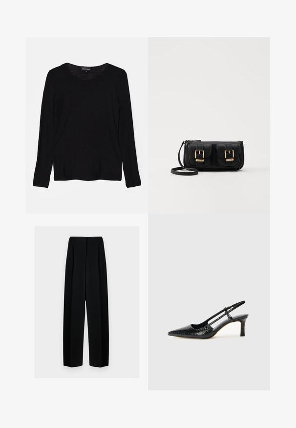 Schwarzes Langarmshirt aus einem strukturierten Stoff mit rundem Ausschnitt. Das Design weist einen lockeren Schnitt und einen geraden Saum auf.; Schwarze weit geschnittene Hosen mit hoher Taille, die Falten und eine glatte Textur aufweisen. Der Stoff wirkt leicht und fällt elegant.; Schwarze Lack-Slingback-Pumps mit spitzem Zehenbereich, versehen mit strukturiertem Schlangenprint, verstellbarem Riemen und einem kurzen, strukturierten Blockabsatz.; Schwarze Leder-Umhängetasche mit zwei vorderen Taschen, goldenen Schnallen, Reißverschluss und einem schmalen Tragegurt. Texturierte Oberfläche und kompakte rechteckige Form.