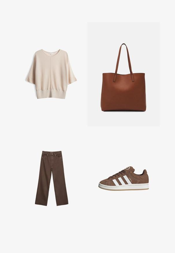 Pullover chiaro beige con scollo rotondo, maniche corte e finitura testurizzata. Presenta un dettaglio di cucitura al centro. Tessuto in maglia morbida.; Jeans a gamba larga marroni in denim, con vita alta, tasche anteriori e chiusura a bottone classica. Tessuto liscio con cuciture sottili.; Sneakers in suede marrone con strisce in pelle bianca, suola in gomma, punta rotonda e lacci. Presentano un logo sulla linguetta e dettagli perforati.; Borsa tote in pelle marrone con texture liscia, design con apertura superiore e due spallacci. Presenta cuciture minime e nessun hardware visibile.