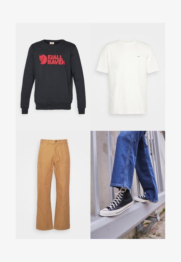 Felpa nera in cotone, con un logo rosso e una grafica prominente. Il design include maniche lunghe e un collo rotondo.; T-shirt bianca in cotone con scollatura rotonda, maniche corte e un piccolo logo nero "W.W." sul lato sinistro del petto. Tessuto liscio, vestibilità regolare.; Pantaloni cargo marroni realizzati in tessuto resistente, con tasche laterali, dettagli in metallo, gamba dritta e vita regolare.; Scarpe da ginnastica nere alte con suola e lacci bianchi, abbinate a jeans di denim blu larghi, appoggiate su un parapetto grigio.