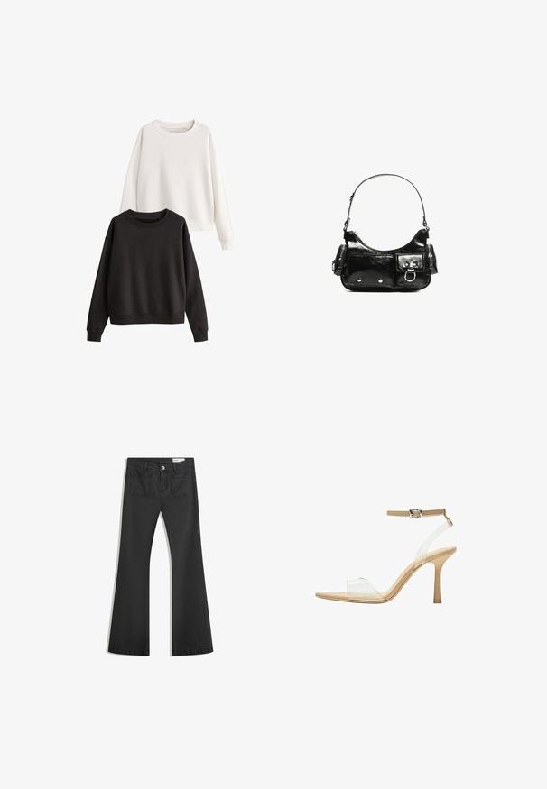 Sada dvoch mikín: jedna biela, druhá čierna. Oba majú dlhé rukávy, okrúhle výstrihy a mäkkú bavlnenú textúru.; Čierne rozšírené džínsy vyrobené z denimu s hladkou textúrou, obsahujúce dve zadné vrecká a zapínanie na gombík v páse.; Priehľadné sandále na vysokom podpätku s transparentným zvrškom, béžovou stielkou a štíhlym remienkom na členku. Majú špicatú špičku a tenký vysoký podpätok.; Čierna laková kožená kabelka s ohnutým tvarom, jedným ramenným popruhom, prednými vreckami a striebornými kovovými doplnkami.