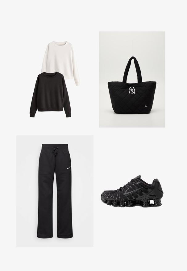 Conjunto de dos sudaderas: una blanca y una negra. Ambas tienen mangas largas, cuellos redondos y una textura suave similar al algodón.; Pantalones de chándal negros hechos de una mezcla de algodón, con una cintura elástica ajustable, piernas rectas y un logo blanco de Nike en el lado izquierdo.; Zapatilla deportiva negra con parte superior de malla y detalles brillantes. Presenta amortiguación de bobina curvada y líneas texturizadas en el lateral. Logotipo de Nike visible.; Bolsa tote negra acolchada con doble asa, que presenta un logo blanco de los New York Yankees y un pequeño emblema de la marca en el lateral.